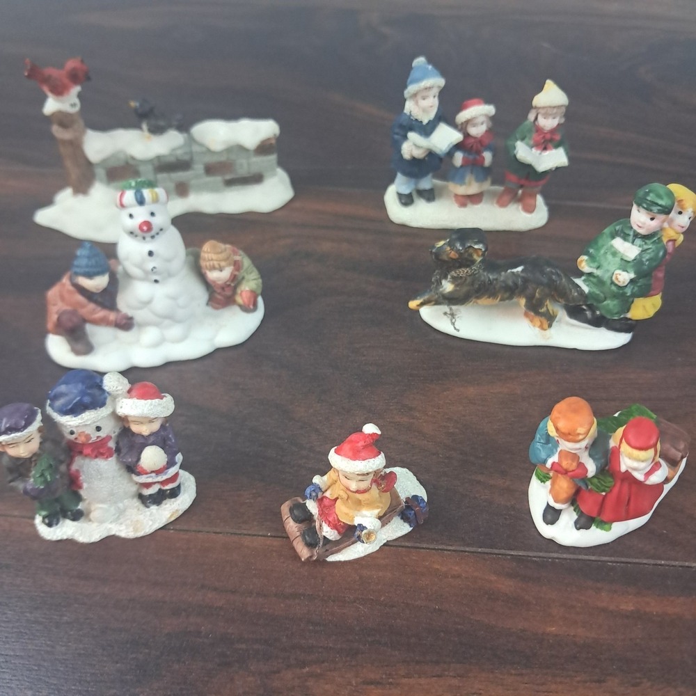 Mixed Lot Christmas Mini Village Figures Snowman Sleigh  Kids Carolers Birds